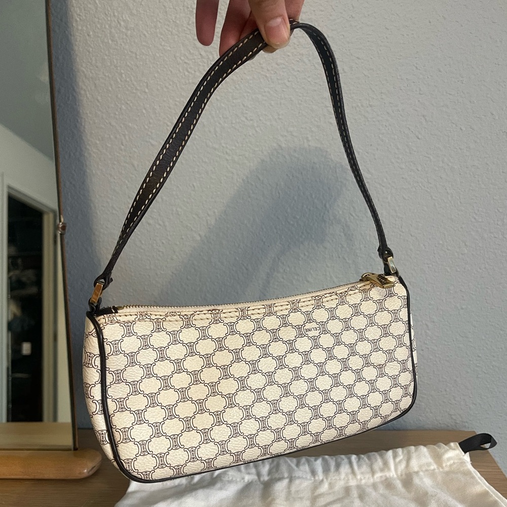 CELINE Macadam Triomphe Monogram Pochette Shoulder Bag- Vintage Off White Brown